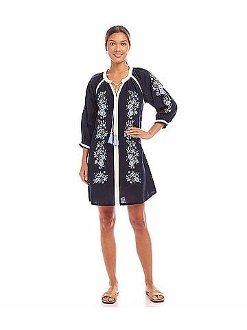 Karen Kane Basilia Blouson Sleeve Embroidered Mini Peasant Dress in Navy (view 2)