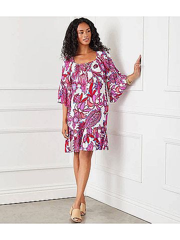 Karen Kane Raela Ruffle Hem Mini Dress in Pink And Blue Floral Print (view 2)