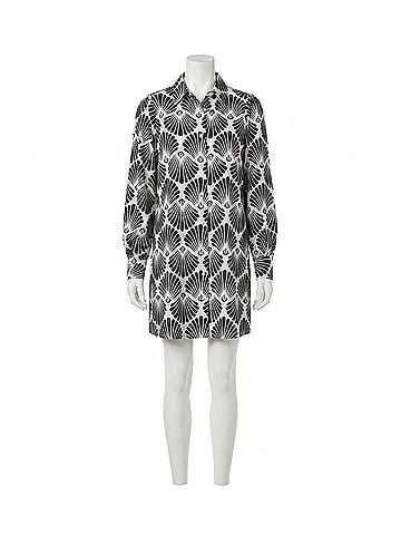 Karen Kane Bryce Blouson Sleeve Linen Mini Shirtdress in Black Print On Cream (view 1)