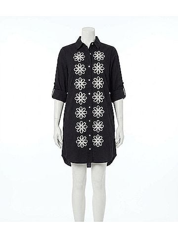 Karen Kane Reese Roll Tab Embroidered Mini Shirtdress in Black And Cream (view 1)