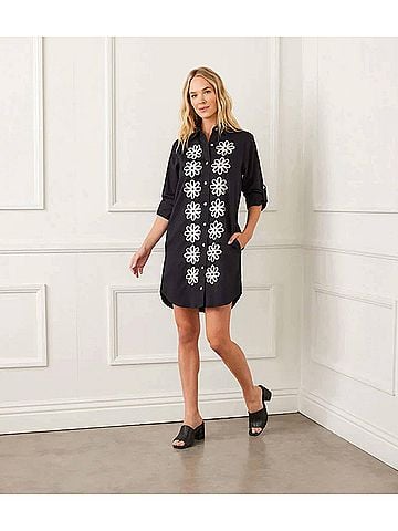 Karen Kane Reese Roll Tab Embroidered Mini Shirtdress in Black And Cream (view 2)