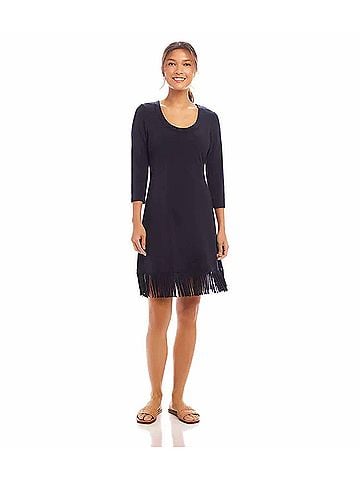 Karen Kane Nerissa Three Quarter Sleeve Fringe Hem Mini Dress in Navy (view 2)