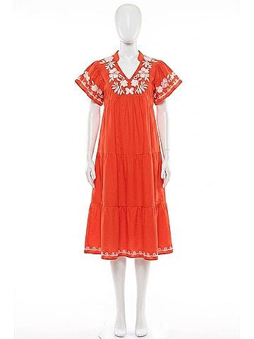 THML Sierra Embroidered Flutter Sleeve Dress in Orange (view 1)