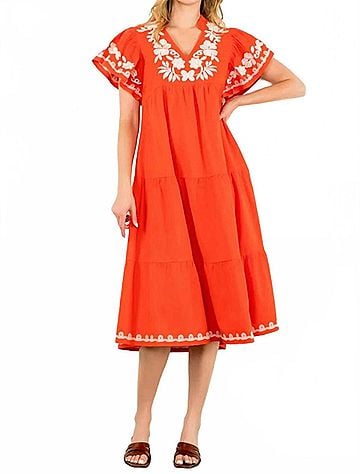 THML Sierra Embroidered Flutter Sleeve Dress in Orange (view 2)