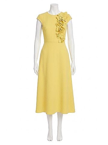 Badgley Mischka Floral Appliqué Cap Sleeve Midi Dress in Marigold (view 1)
