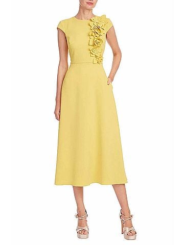 Badgley Mischka Floral Appliqué Cap Sleeve Midi Dress in Marigold (view 2)