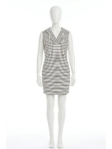 Tribal Striped Sleeveless Hooded Dress in White/Black (view 1)
