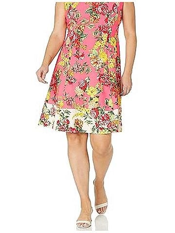 London Times Cap Sleeve Floral Fit &amp; Flare Dress in Coral Multi (view 2)