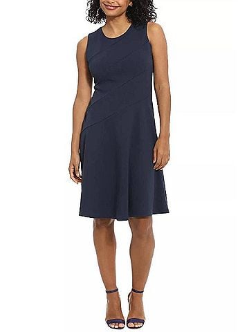London Times Sleeveless Asymmetrical Detail Midi Dress in Navy (view 2)