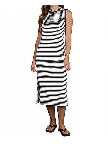 Blu Pepper Stripe Contrast Trim Sleeveless Knit Midi Dress in Navy (view 2)