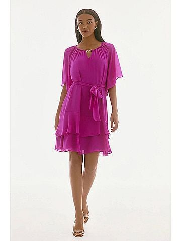 Joseph Ribkoff Tiered Ruffle Chiffon Dress in Purple Orchid (view 2)