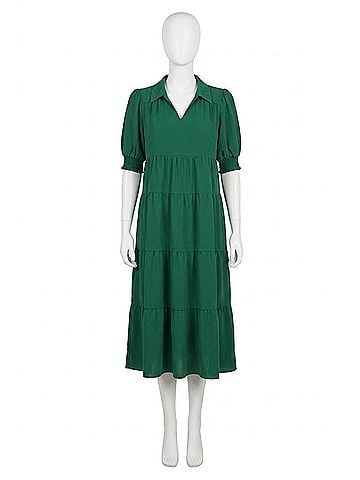 Umgee Tiered Cuffed Sleeve Dress in Green (view 1)