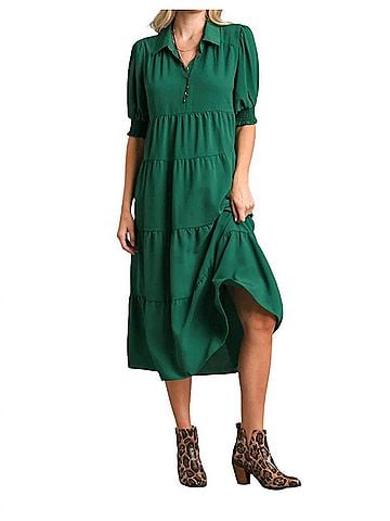 Umgee Tiered Cuffed Sleeve Dress in Green (view 2)