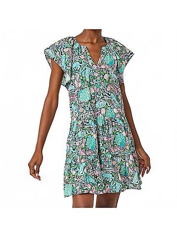 Lilly Pulitzer Norella Flutter Sleeve Linen Dress in Multi Royal Zoo (view 2)
