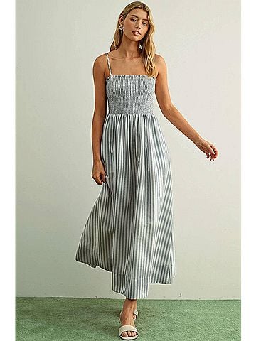 MIOU MUSE Striped Smocked Maxi Dress in Blue (view 2)