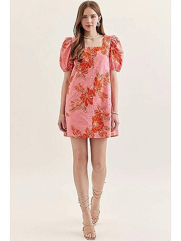 Entro Botanical Print Puff Sleeve Mini Dress in Pink (view 2)