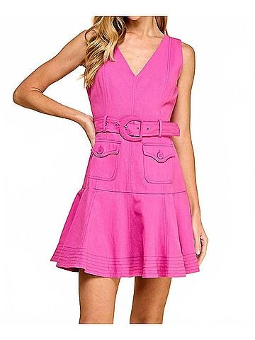 TCEC V Neck Belted Ruffle Hem Dress in Magenta (view 2)