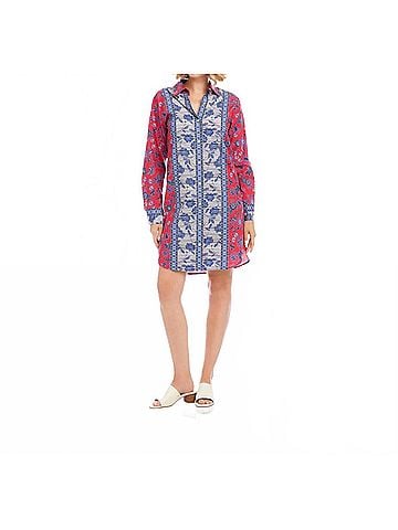 Karen Kane Long Sleeve Border Print Shirtdress in Red (view 2)