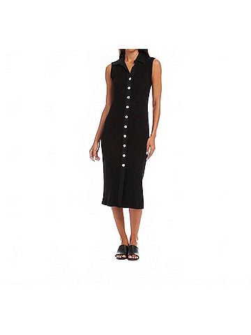 Karen Kane Ribbed Sleeveless Button Front Midi Dress in Black (view 2)