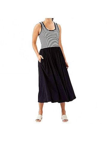 Karen Kane Sleeveless Stripe Bodice Mixed-Media Midi Dress in Ivory With Black (view 2)