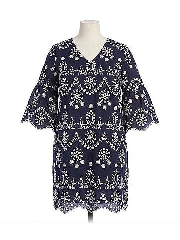 Karen Kane Flare Sleeve Embroidered Dress - Plus in Navy With Off White (view 1)