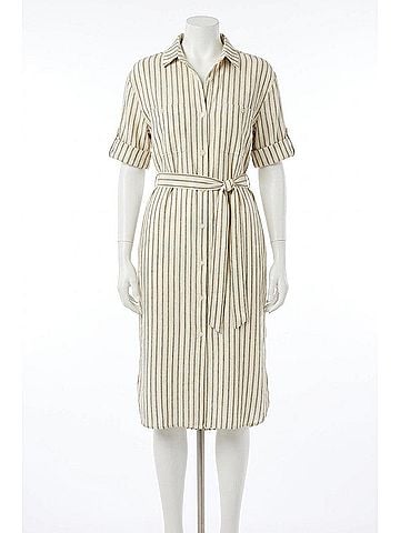 Lyssé Juniper Linen Tunic Shirt Dress in Olive Grove Stripe (view 1)