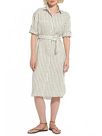 Lyssé Juniper Linen Tunic Shirt Dress in Olive Grove Stripe (view 2)