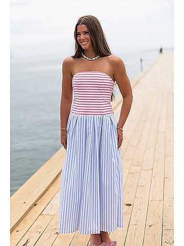 TCEC Coastal Stripe Strapless Midi Dress in Blue (view 2)