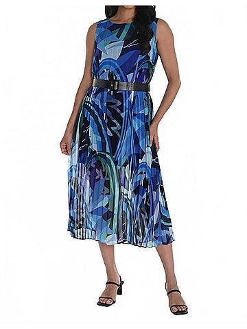 Frank Lyman Design Pleated Chiffon Belted Midi Dress in Blue/Multi (view 2)