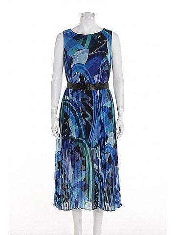 Frank Lyman Design Pleated Chiffon Belted Midi Dress in Blue/Multi (view 1)
