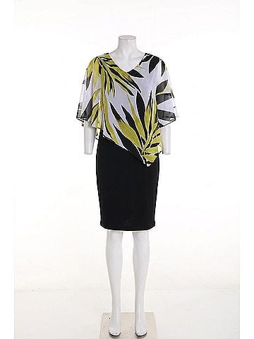 Frank Lyman Design Asymmetric Leaf Chiffon Overlay Dress in Chartreuse/Black (view 1)