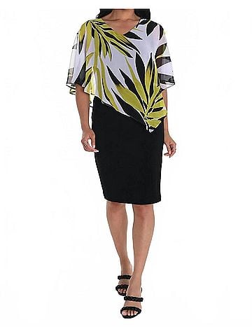 Frank Lyman Design Asymmetric Leaf Chiffon Overlay Dress in Chartreuse/Black (view 2)