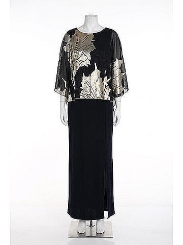 Frank Lyman Design Metallic Floral Chiffon Overlay Evening Dress in Navy/Gold (view 1)