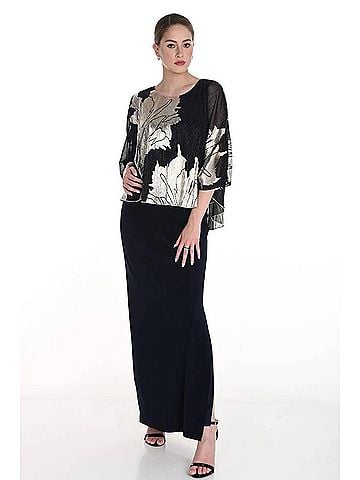 Frank Lyman Design Metallic Floral Chiffon Overlay Evening Dress in Navy/Gold (view 2)