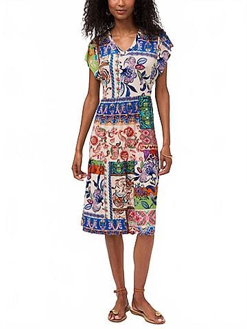 Johnny Was Janie Favorite Tiered Tea Length Midi Dress in Armeria Scarf Print (view 2)