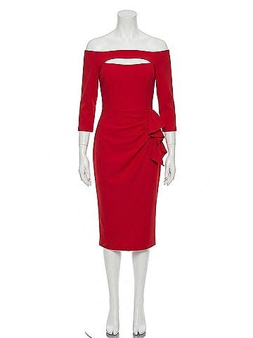 Jovani Ruffle Front 3/4 Sleeve Midi Dress in Red (view 1)