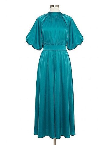 Flying Tomato Mock Neck Bell Sleeve Satin Effect Midi Dress in Turquoise (view 1)