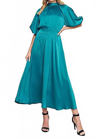 Flying Tomato Mock Neck Bell Sleeve Satin Effect Midi Dress in Turquoise (view 2)
