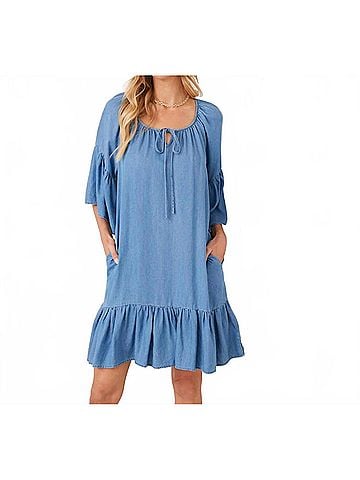 Karen Kane Ruffle Hem Mini Dress - Petite Petite in Chambray (view 2)