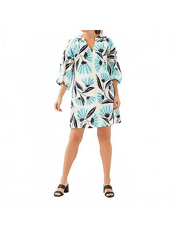 Karen Kane Puff Sleeve Peasant Dress - Petite in Aqua Bloom Print (view 2)