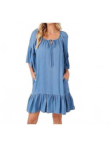Karen Kane Ruffle Hem Mini Dress - Petite in Chambray (view 2)
