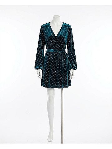 She + Sky Surplice Dress With Gold-Dot in Teal Green Velvet (view 1)
