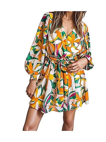 Flying Tomato Sandra Surplice Long Sleeve Chiffon Mini Dress in Orange (view 2)