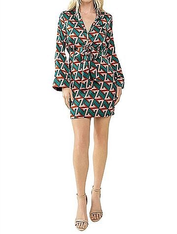 TCEC Farrah Geometric Print Satin Dress in Hunter Green (view 2)
