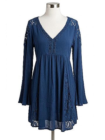 Kori America Long Sleeve Lace V-Neck Mini Dress in Teal (view 1)