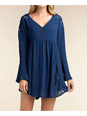 Kori America Long Sleeve Lace V-Neck Mini Dress in Teal (view 2)