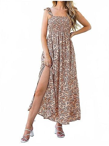THML Smocked Slit Dress in Taupe (view 2)