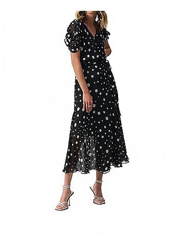 Joseph Ribkoff Dot Chiffon Belted Wrap Dress in Black/Vanilla (view 2)