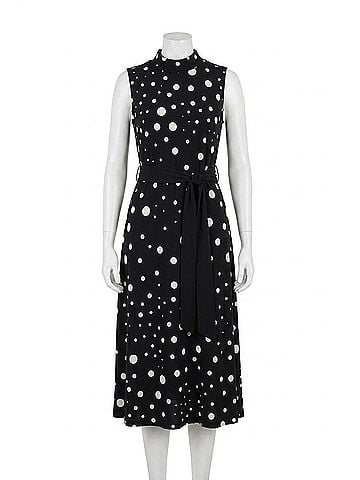 Joseph Ribkoff Polka Dot Belted Midi Dress in Black/Vanilla (view 1)