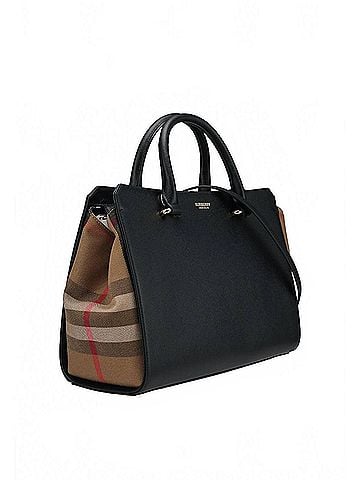 Burberry Women's Banwell Small Leather Check Tote Bag in Black (view 2)